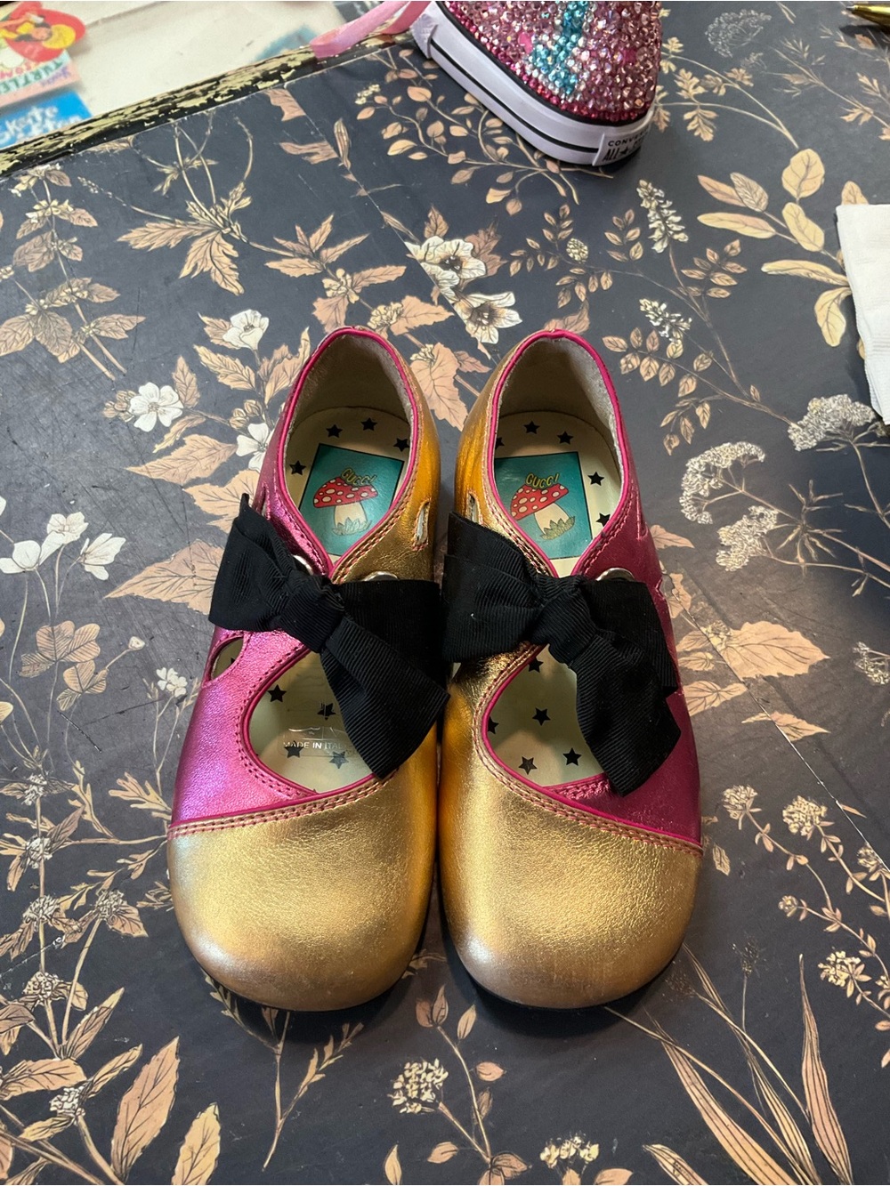 Gucci Girls Metallic Gold and Pink Bow Mary Jane Shoes